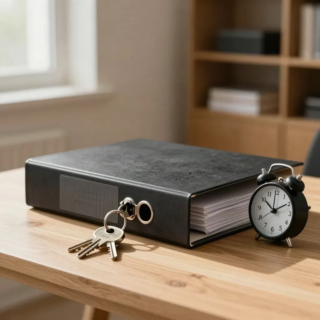 Charcoal legal file, key ring and desk clock on pale oak in warm window light.