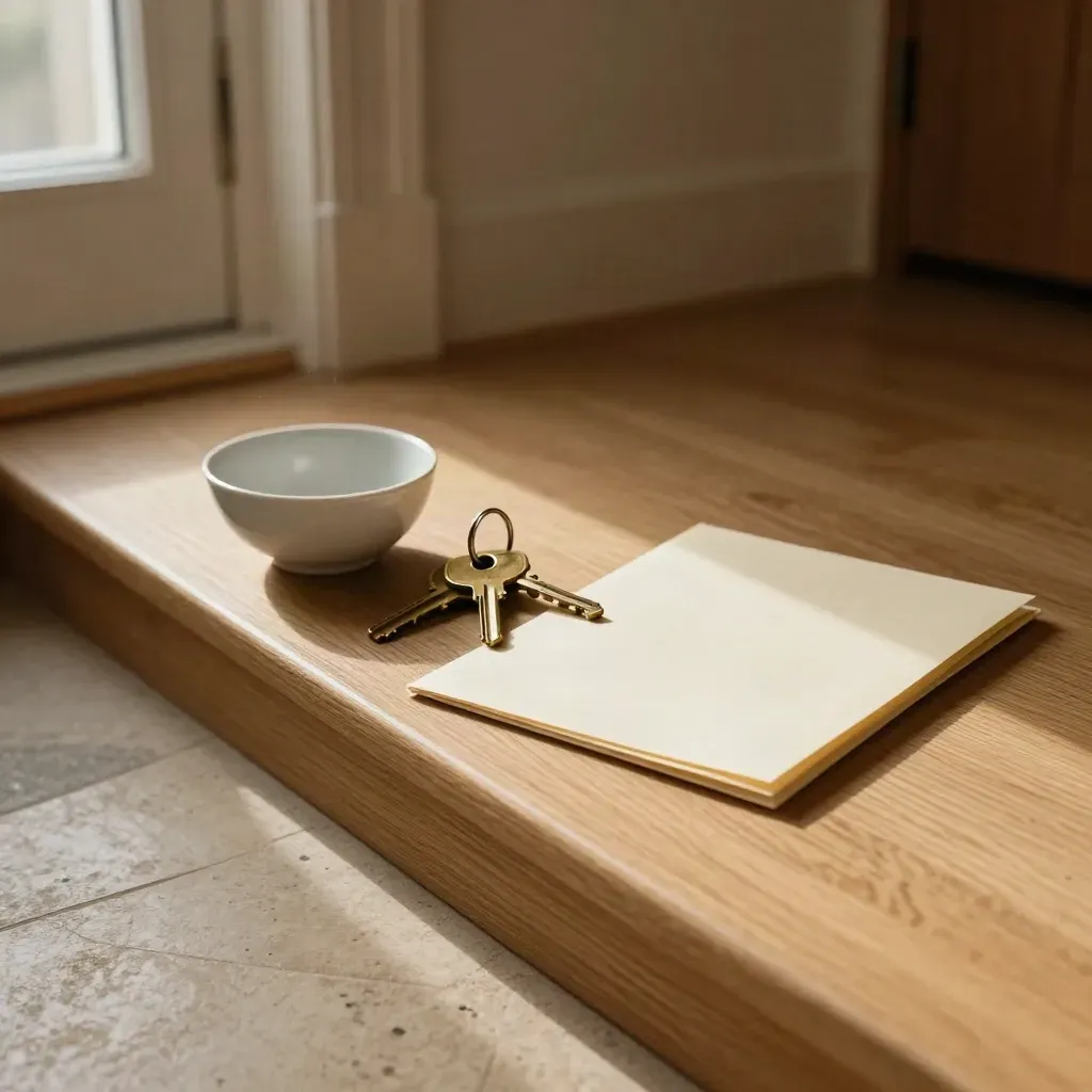 Two brass keys, a ceramic bowl and a folded agreement folder on a sunlit ledge.