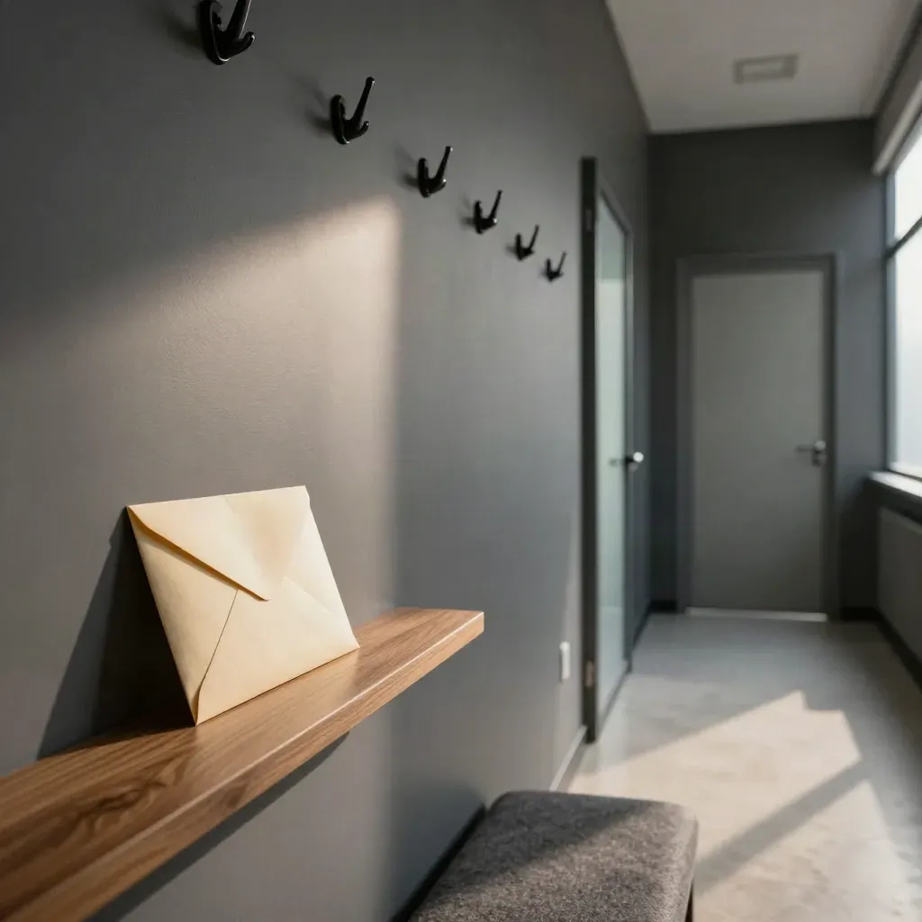 Quiet legal corridor with a sealed envelope, empty hooks, and soft sunlight.
