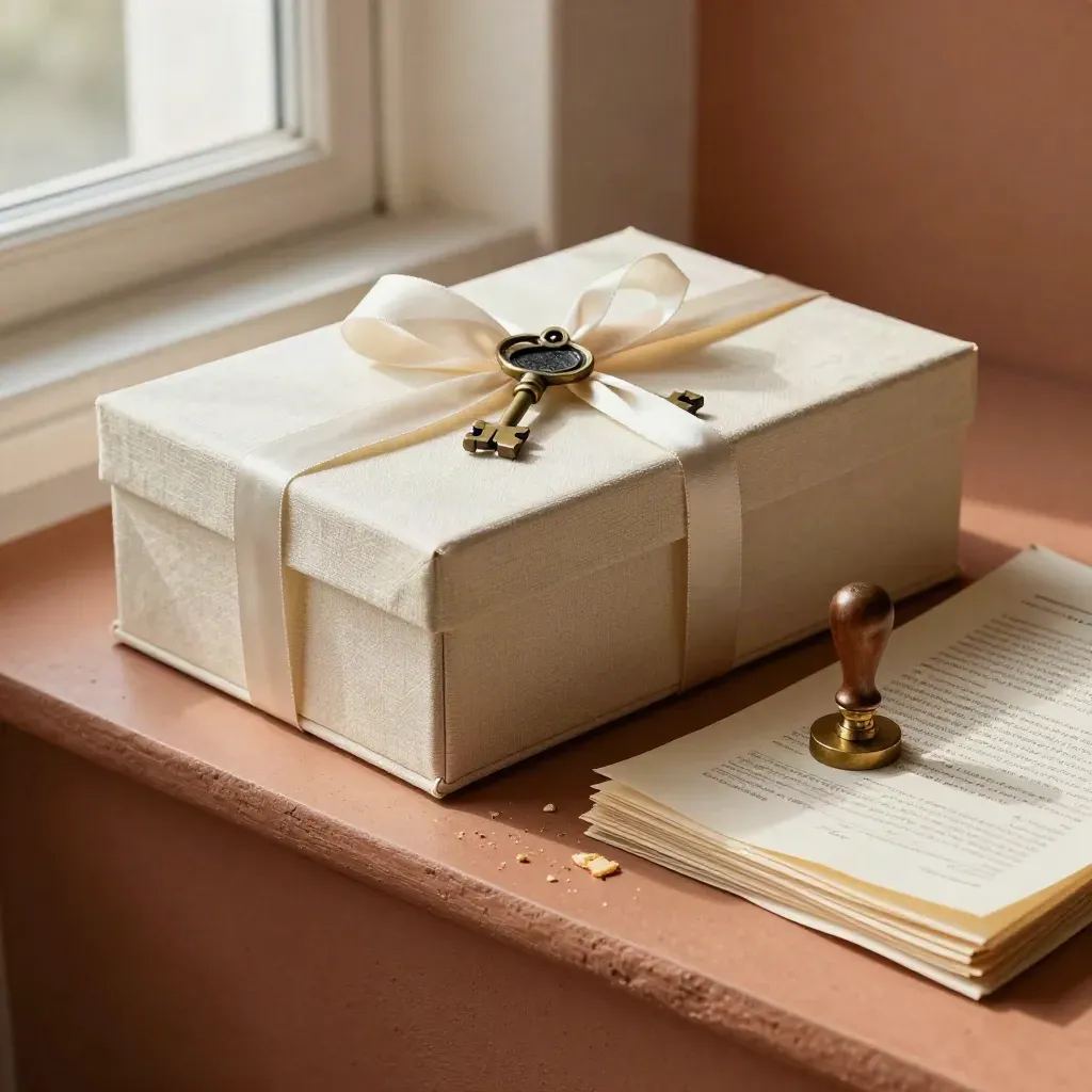 Brass estate key, wax seal stamp, and ribbon-tied archive box on terracotta plaster.