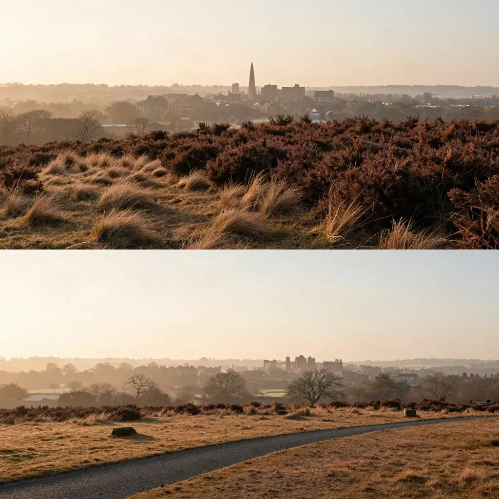 Hampstead Heath ridge at golden hour with mist and distant London rooftops