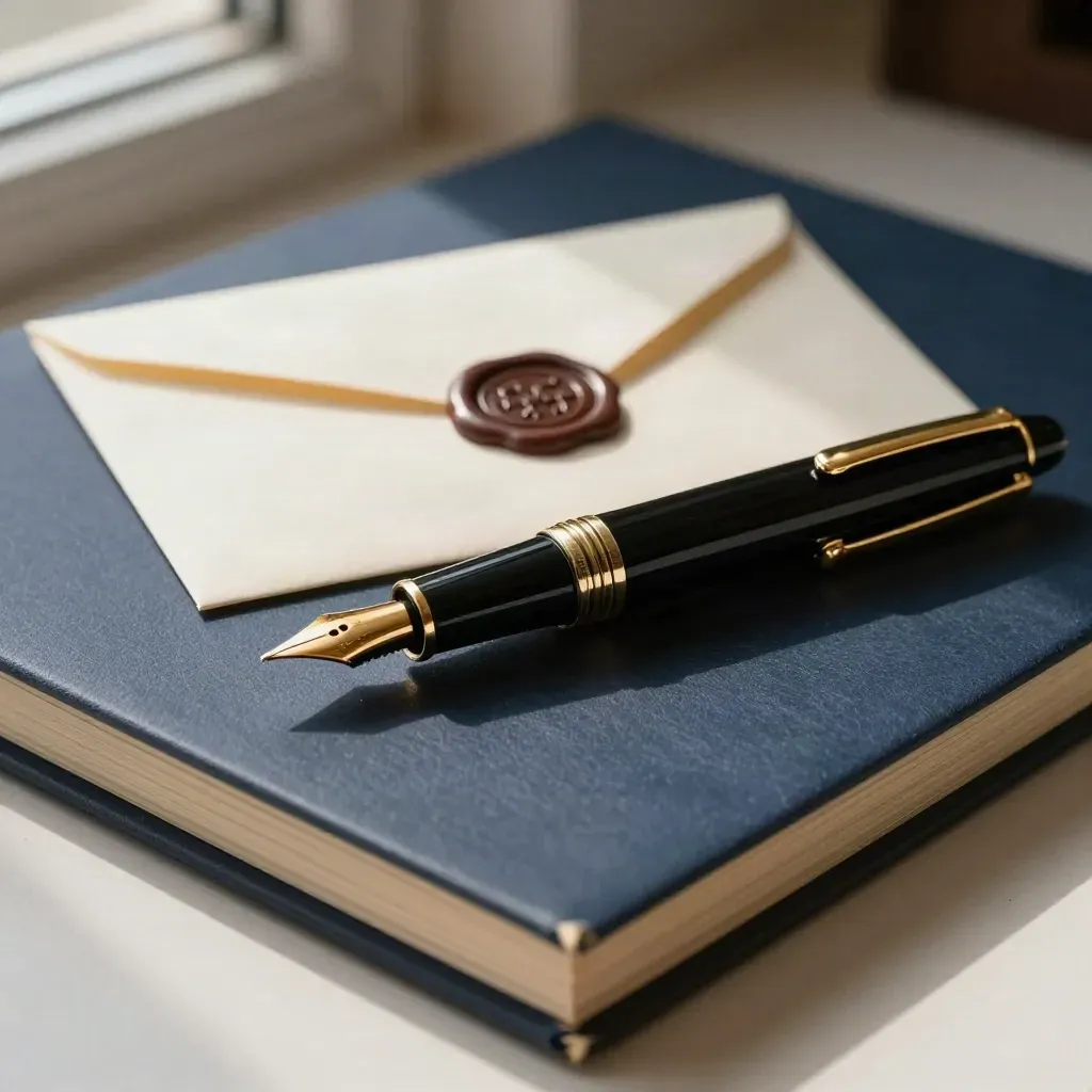 Legal still life with pen, brass seal and sealed envelope on a navy file board.