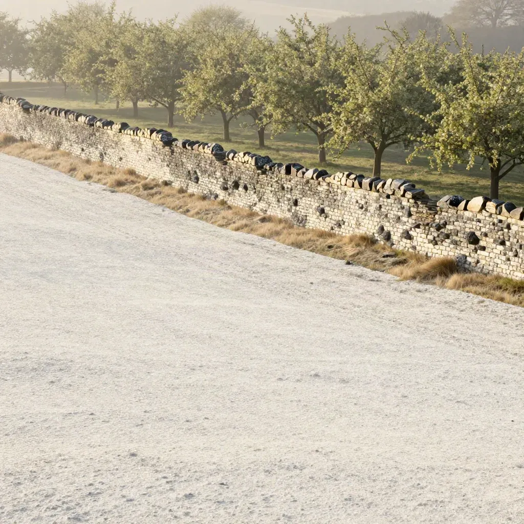 Chalk-and-flint wall above a hazy orchard and calm chalk field at golden hour